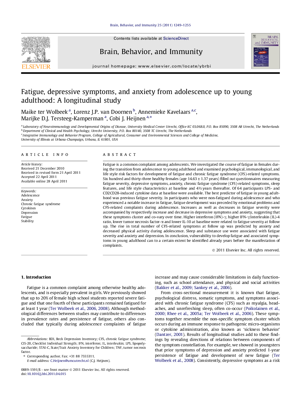 Fatigue, depressive symptoms, and anxiety from adolescence up to young adulthood: A longitudinal study