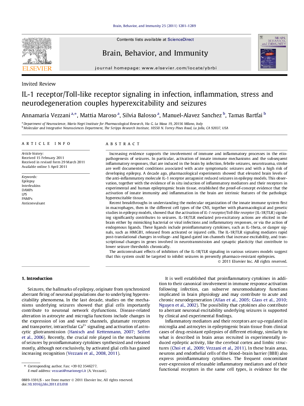 IL-1 receptor/Toll-like receptor signaling in infection, inflammation, stress and neurodegeneration couples hyperexcitability and seizures