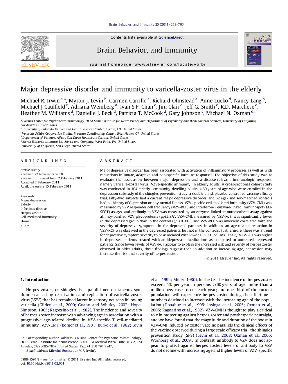 Major depressive disorder and immunity to varicella-zoster virus in the elderly