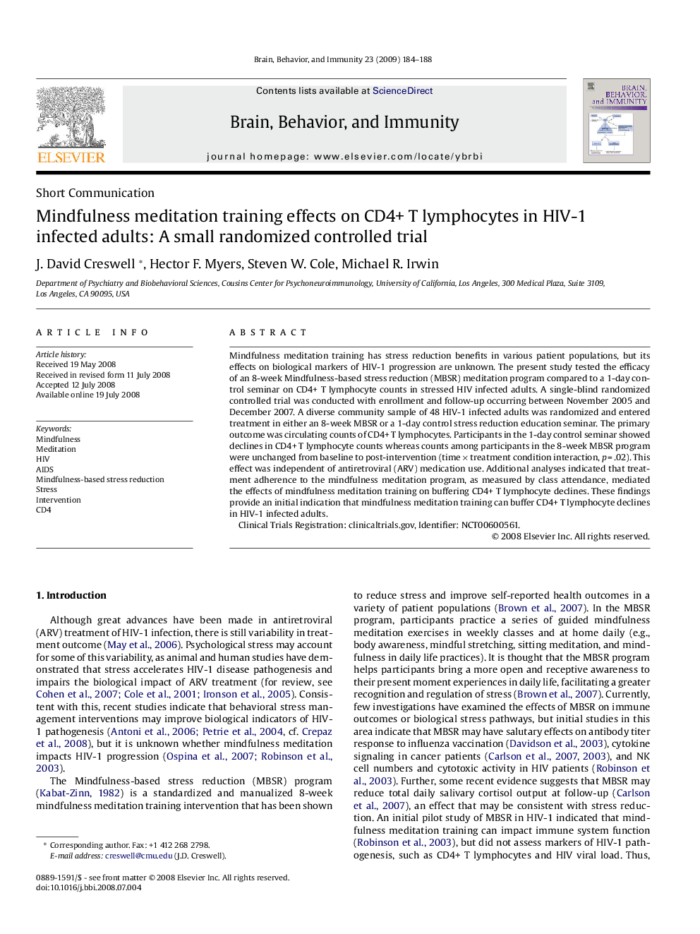 Mindfulness meditation training effects on CD4+ T lymphocytes in HIV-1 infected adults: A small randomized controlled trial