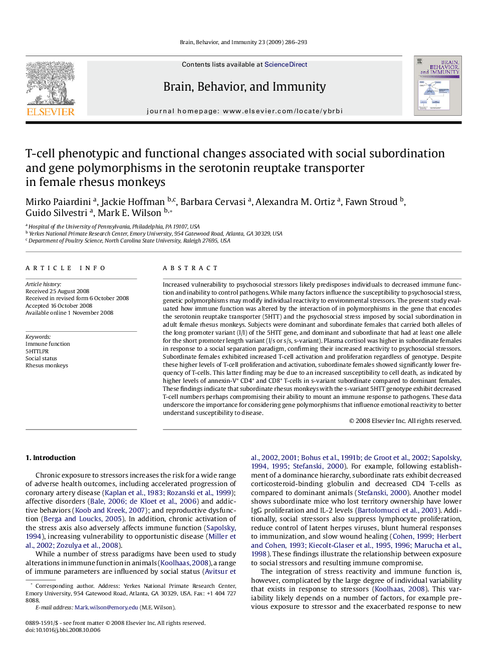 T-cell phenotypic and functional changes associated with social subordination and gene polymorphisms in the serotonin reuptake transporter in female rhesus monkeys