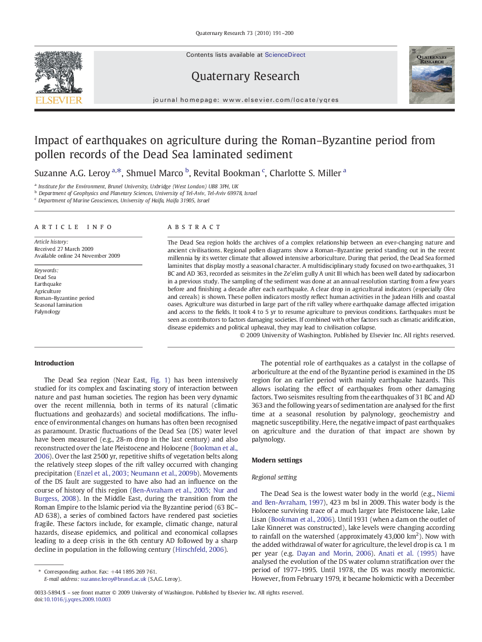 Impact of earthquakes on agriculture during the Roman–Byzantine period from pollen records of the Dead Sea laminated sediment