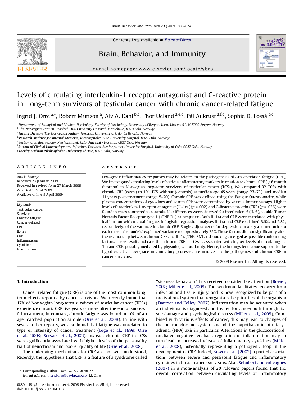 Levels of circulating interleukin-1 receptor antagonist and C-reactive protein in long-term survivors of testicular cancer with chronic cancer-related fatigue