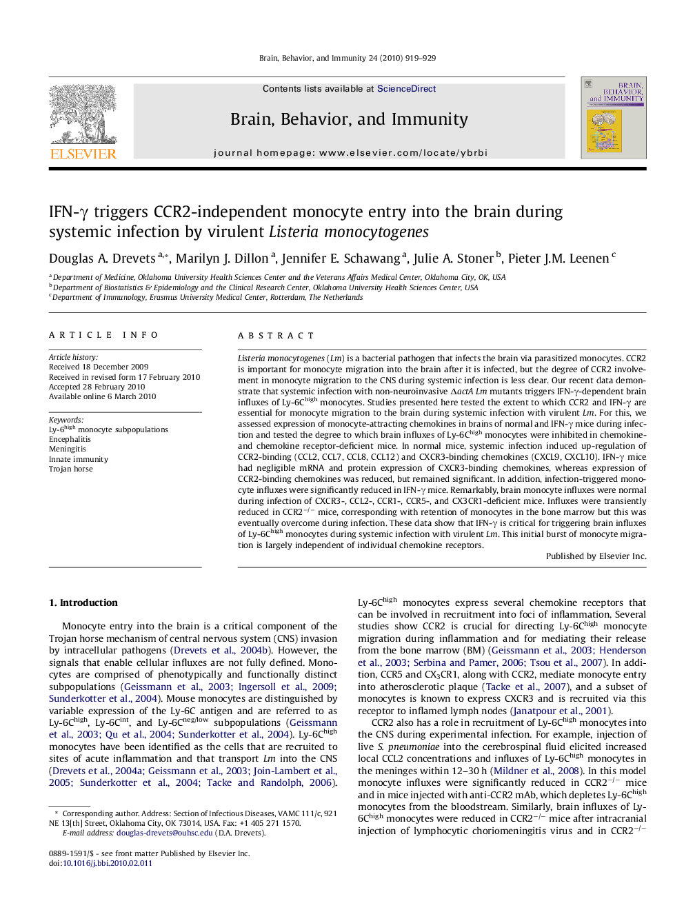 IFN-Î³ triggers CCR2-independent monocyte entry into the brain during systemic infection by virulent Listeria monocytogenes