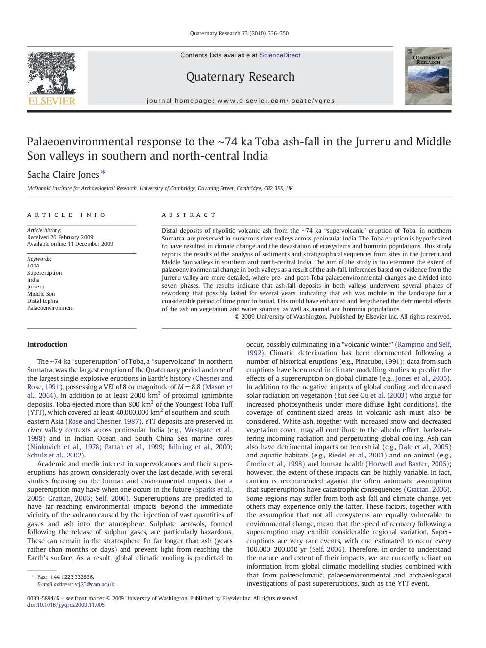 Palaeoenvironmental response to the ∼74 ka Toba ash-fall in the Jurreru and Middle Son valleys in southern and north-central India