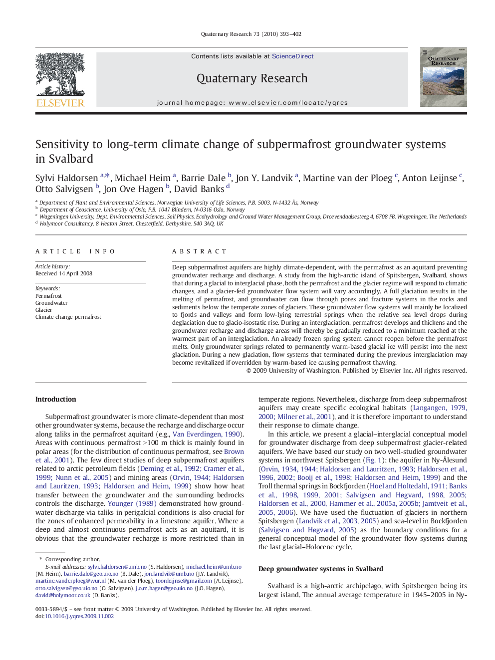 Sensitivity to long-term climate change of subpermafrost groundwater systems in Svalbard