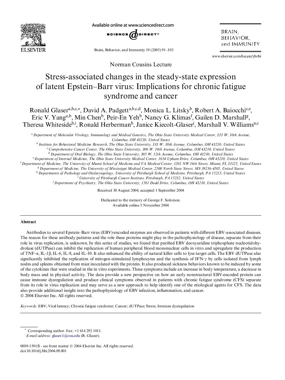 Stress-associated changes in the steady-state expression of latent Epstein-Barr virus: Implications for chronic fatigue syndrome and cancer