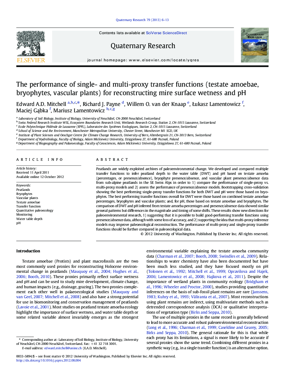 The performance of single- and multi-proxy transfer functions (testate amoebae, bryophytes, vascular plants) for reconstructing mire surface wetness and pH