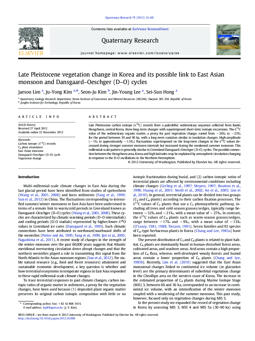 Late Pleistocene vegetation change in Korea and its possible link to East Asian monsoon and Dansgaard–Oeschger (D–O) cycles