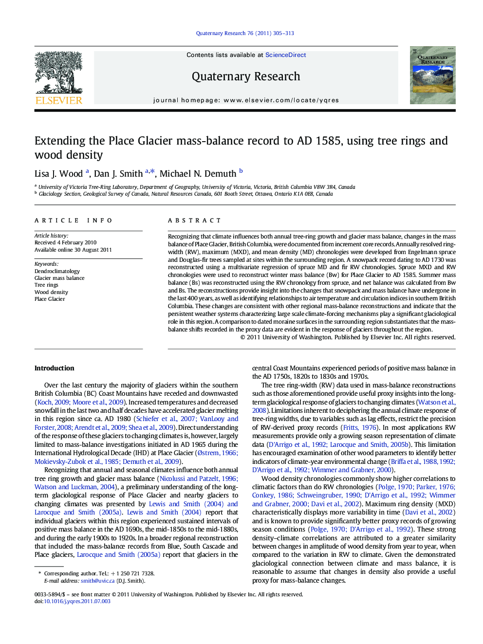 Extending the Place Glacier mass-balance record to AD 1585, using tree rings and wood density