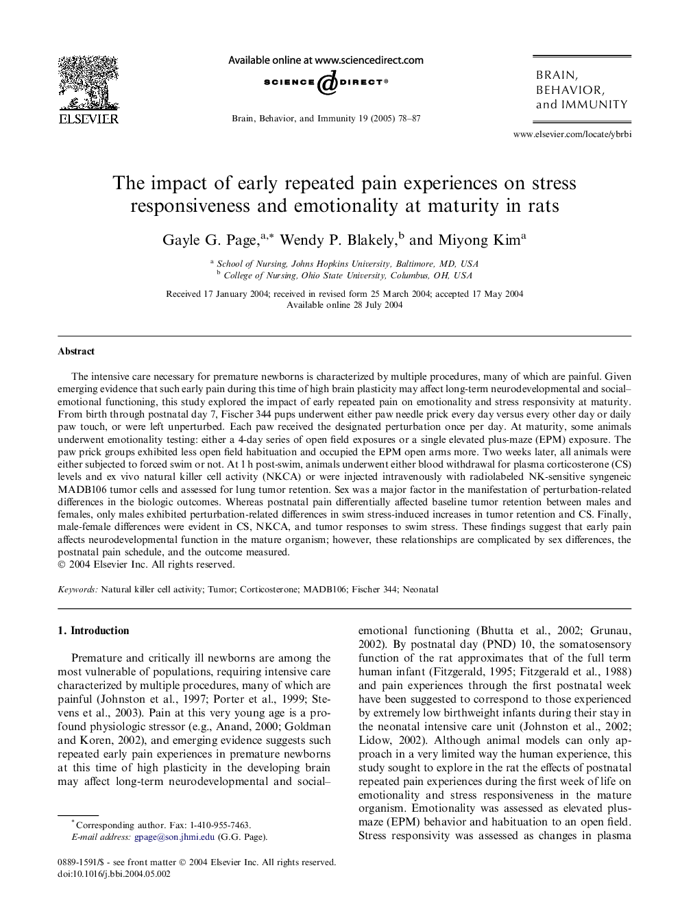 The impact of early repeated pain experiences on stress responsiveness and emotionality at maturity in rats