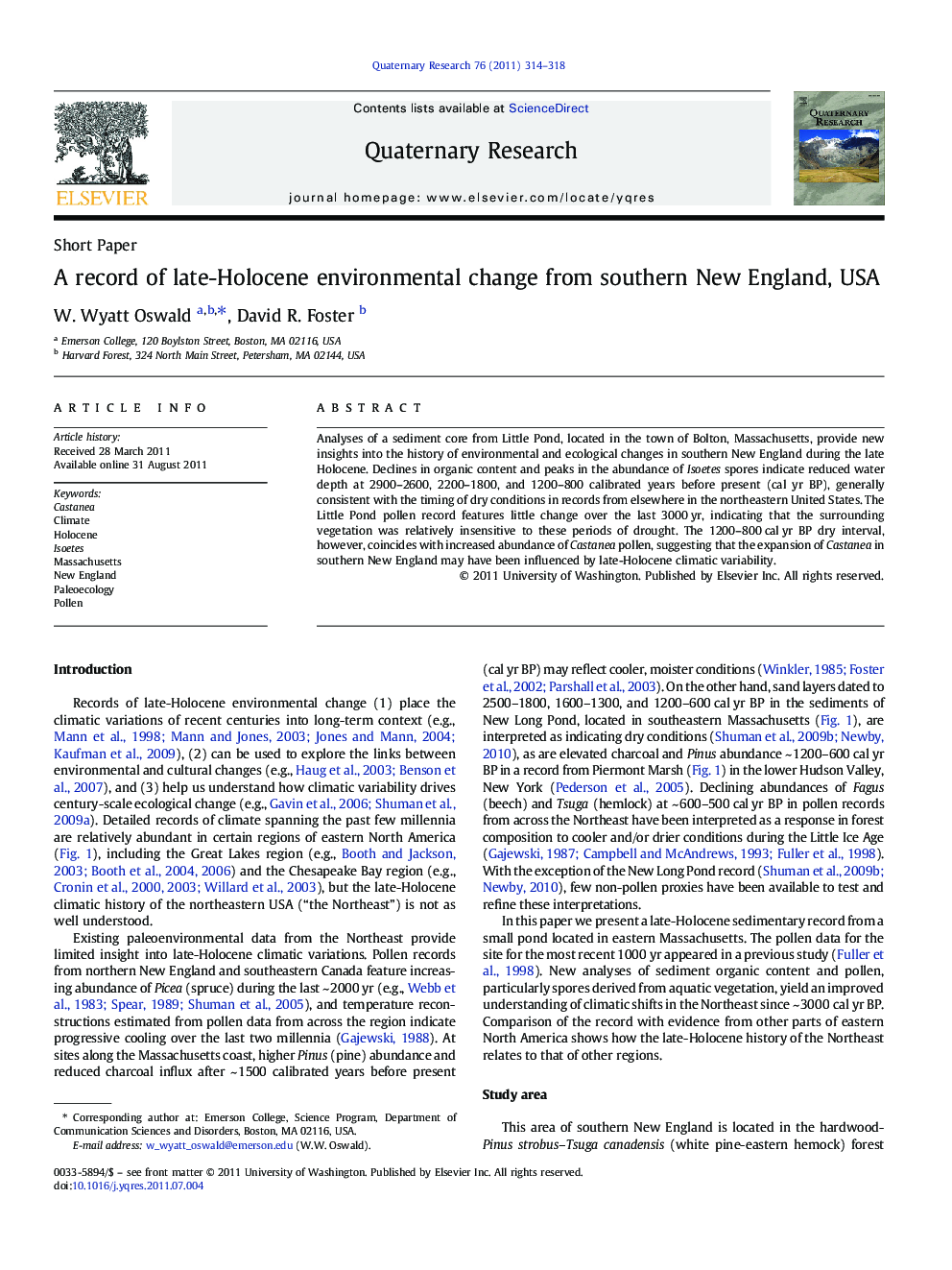 A record of late-Holocene environmental change from southern New England, USA