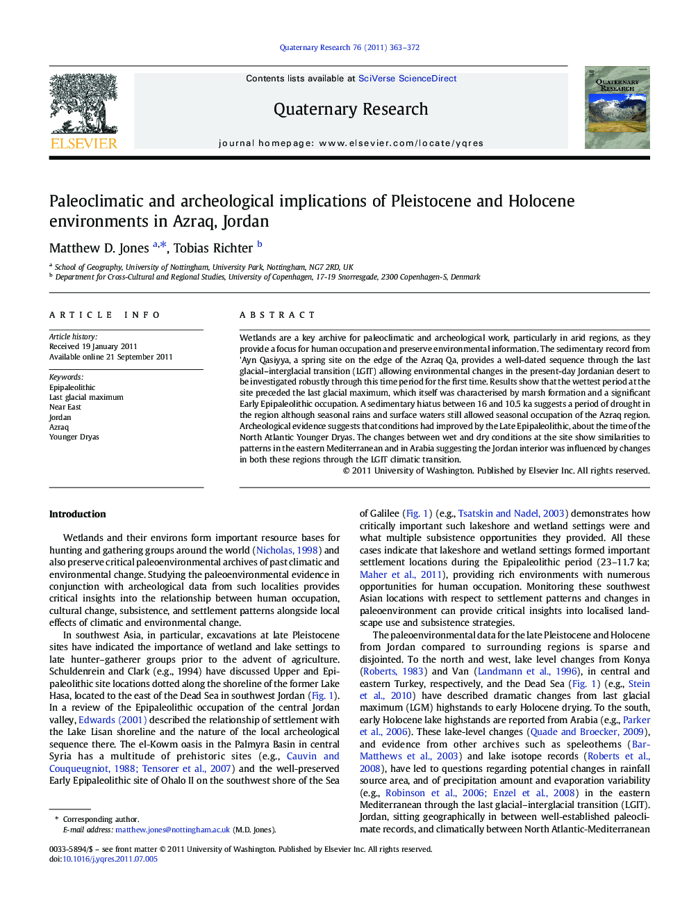 Paleoclimatic and archeological implications of Pleistocene and Holocene environments in Azraq, Jordan