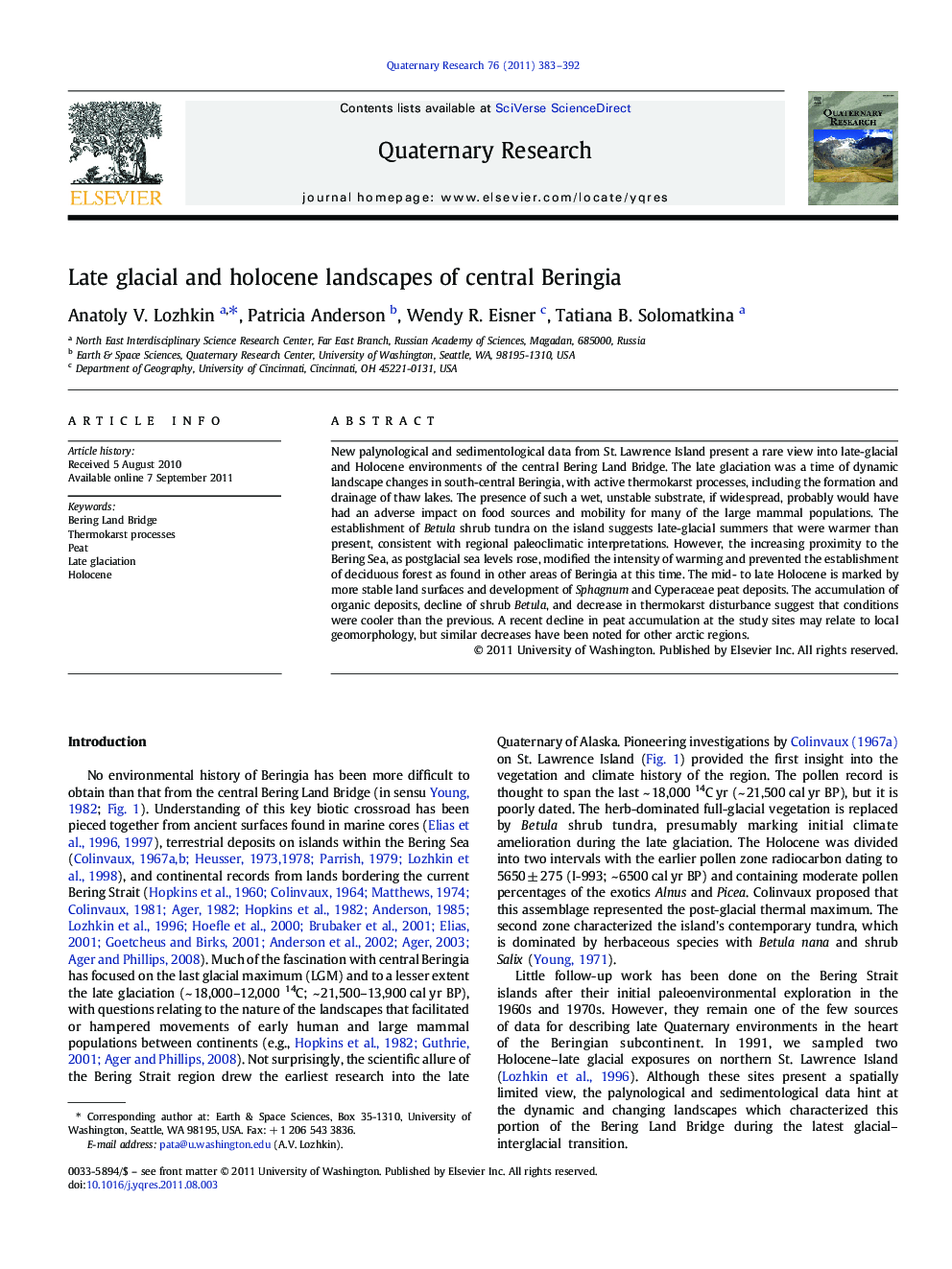 Late glacial and holocene landscapes of central Beringia