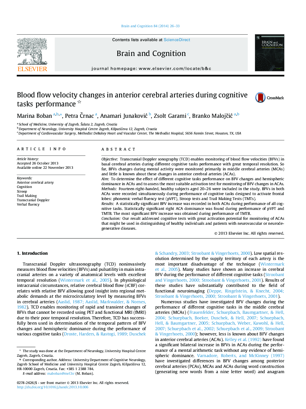 Blood flow velocity changes in anterior cerebral arteries during cognitive tasks performance