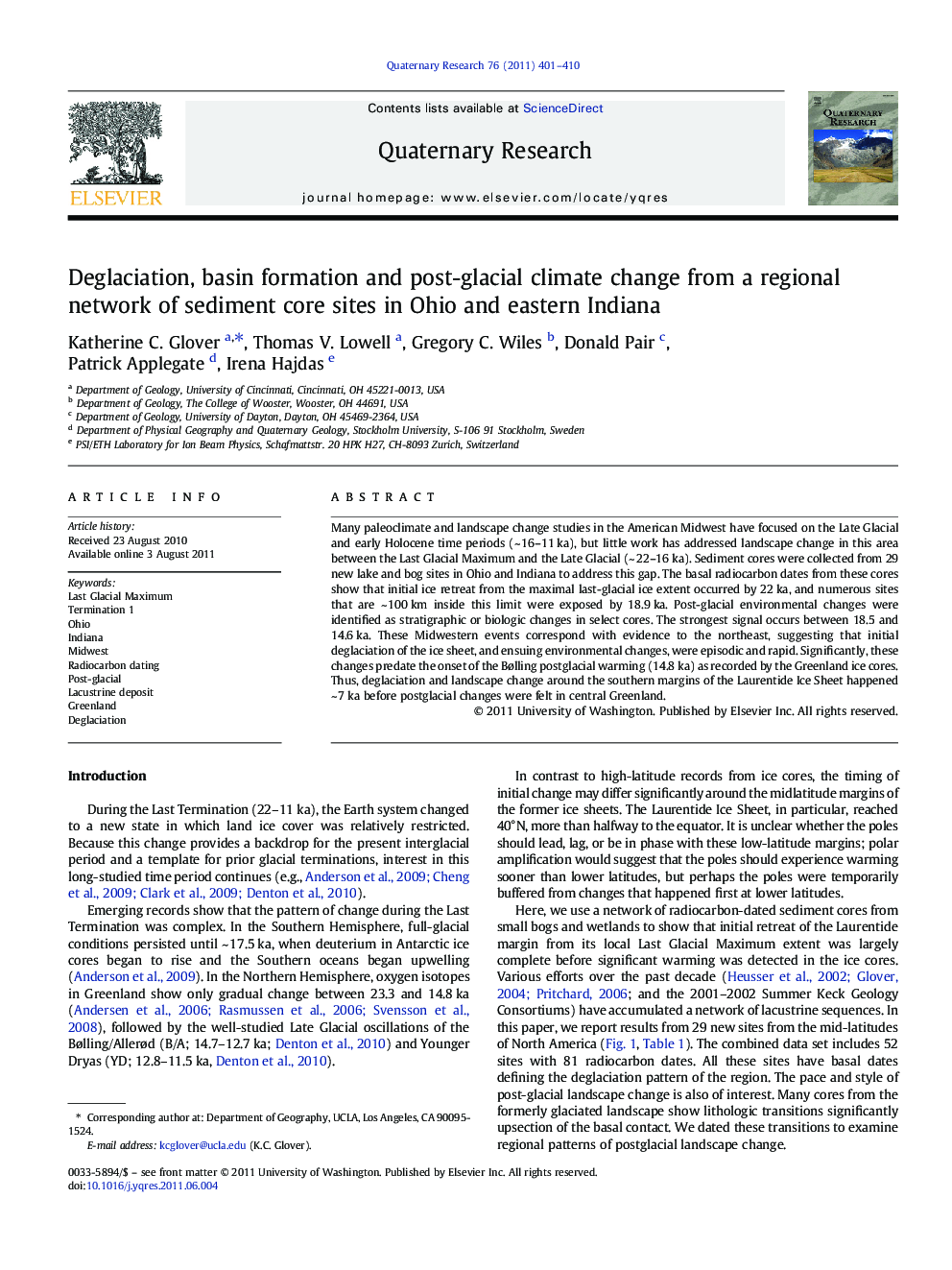 Deglaciation, basin formation and post-glacial climate change from a regional network of sediment core sites in Ohio and eastern Indiana