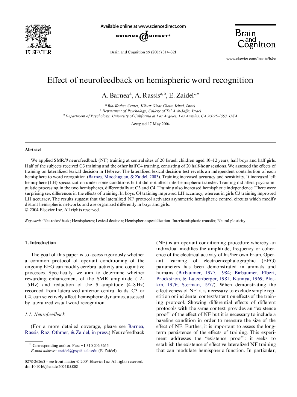 Effect of neurofeedback on hemispheric word recognition