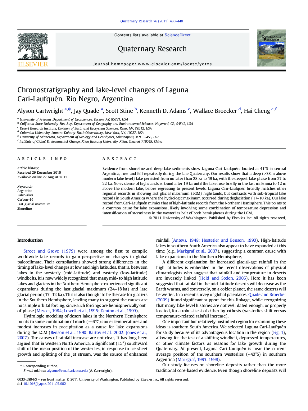 Chronostratigraphy and lake-level changes of Laguna Cari-Laufquén, Río Negro, Argentina