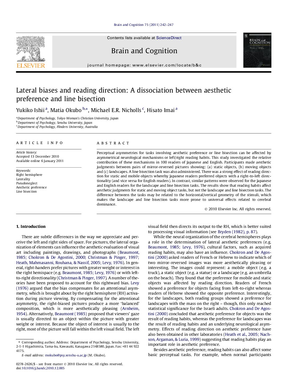 Lateral biases and reading direction: A dissociation between aesthetic preference and line bisection