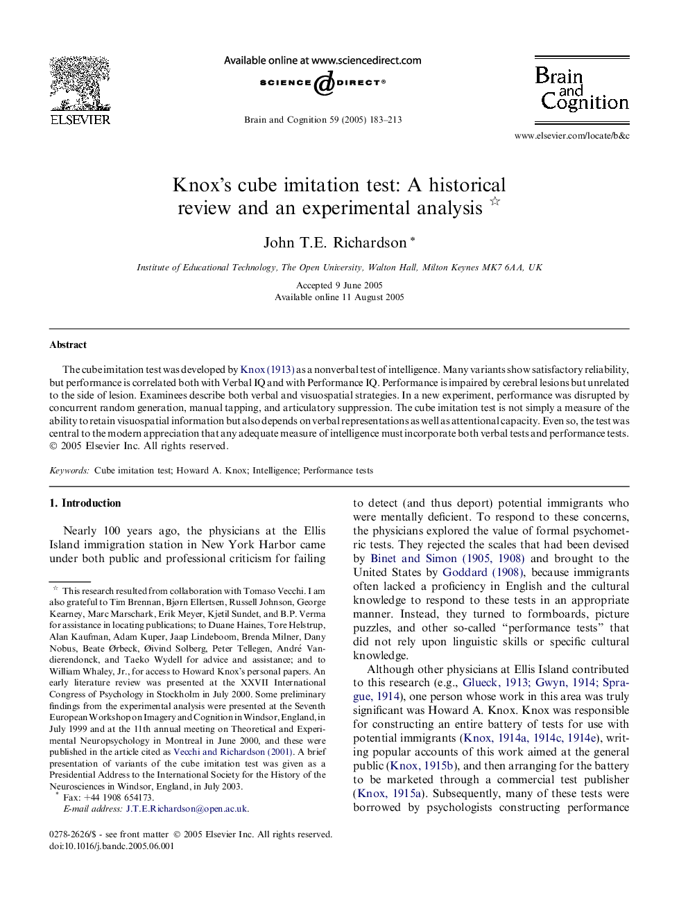 Knox's cube imitation test: A historical review and an experimental analysis