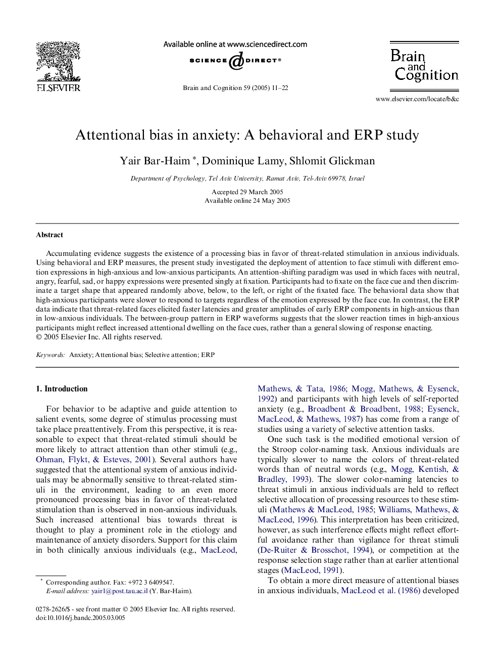 Attentional bias in anxiety: A behavioral and ERP study