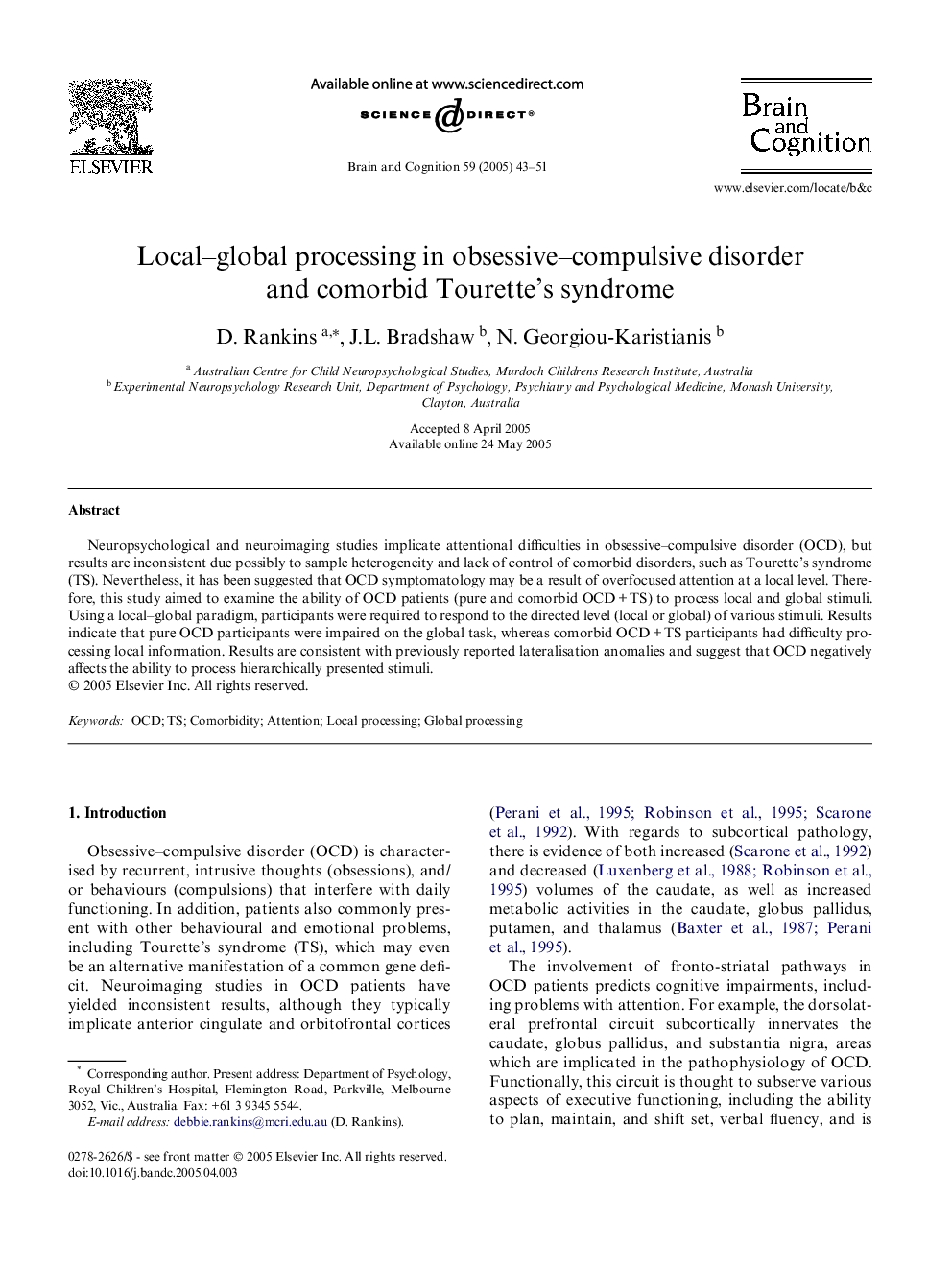 Local-global processing in obsessive-compulsive disorder and comorbid Tourette's syndrome