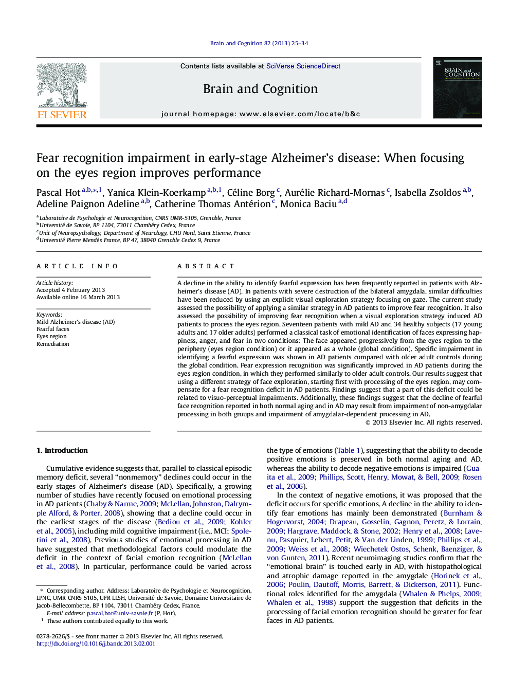 Fear recognition impairment in early-stage Alzheimer's disease: When focusing on the eyes region improves performance