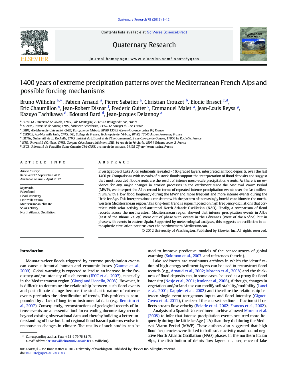 1400 years of extreme precipitation patterns over the Mediterranean French Alps and possible forcing mechanisms