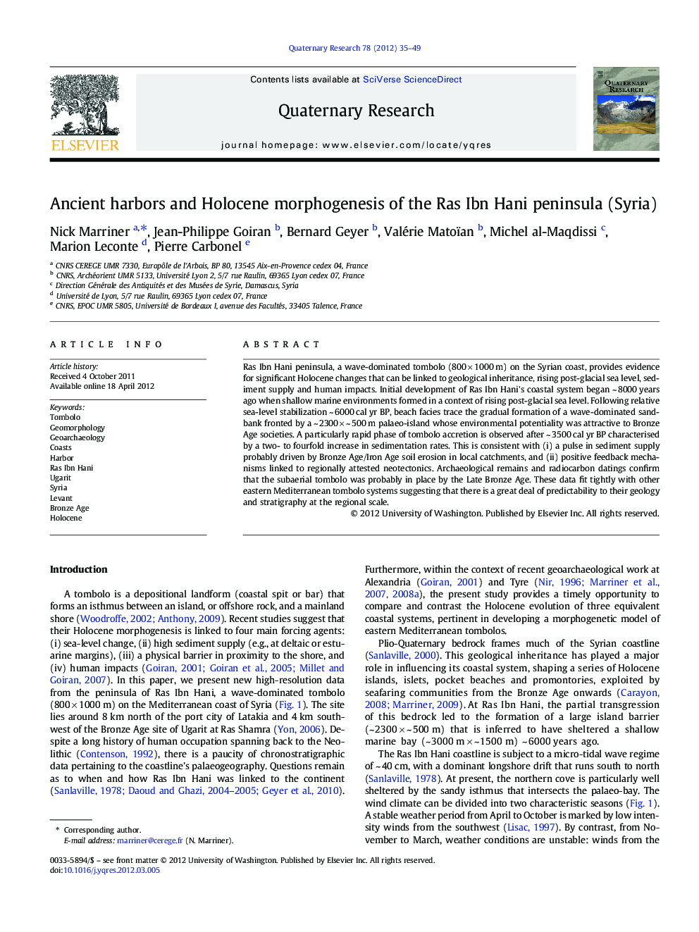 Ancient harbors and Holocene morphogenesis of the Ras Ibn Hani peninsula (Syria)