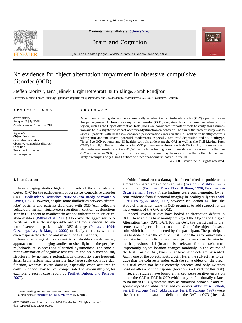 No evidence for object alternation impairment in obsessive-compulsive disorder (OCD)