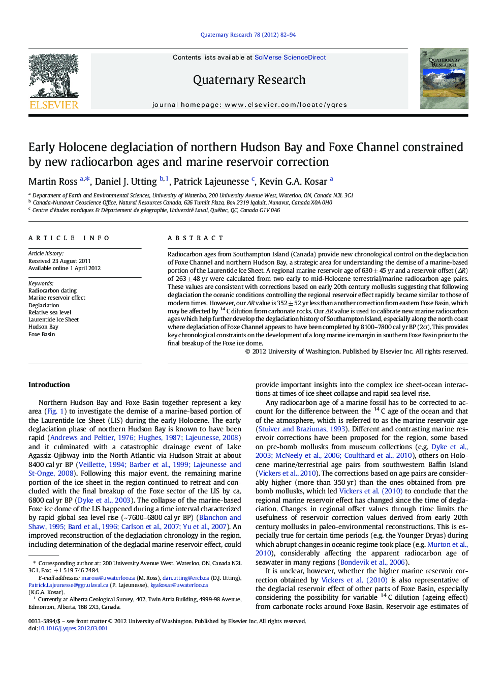 Early Holocene deglaciation of northern Hudson Bay and Foxe Channel constrained by new radiocarbon ages and marine reservoir correction