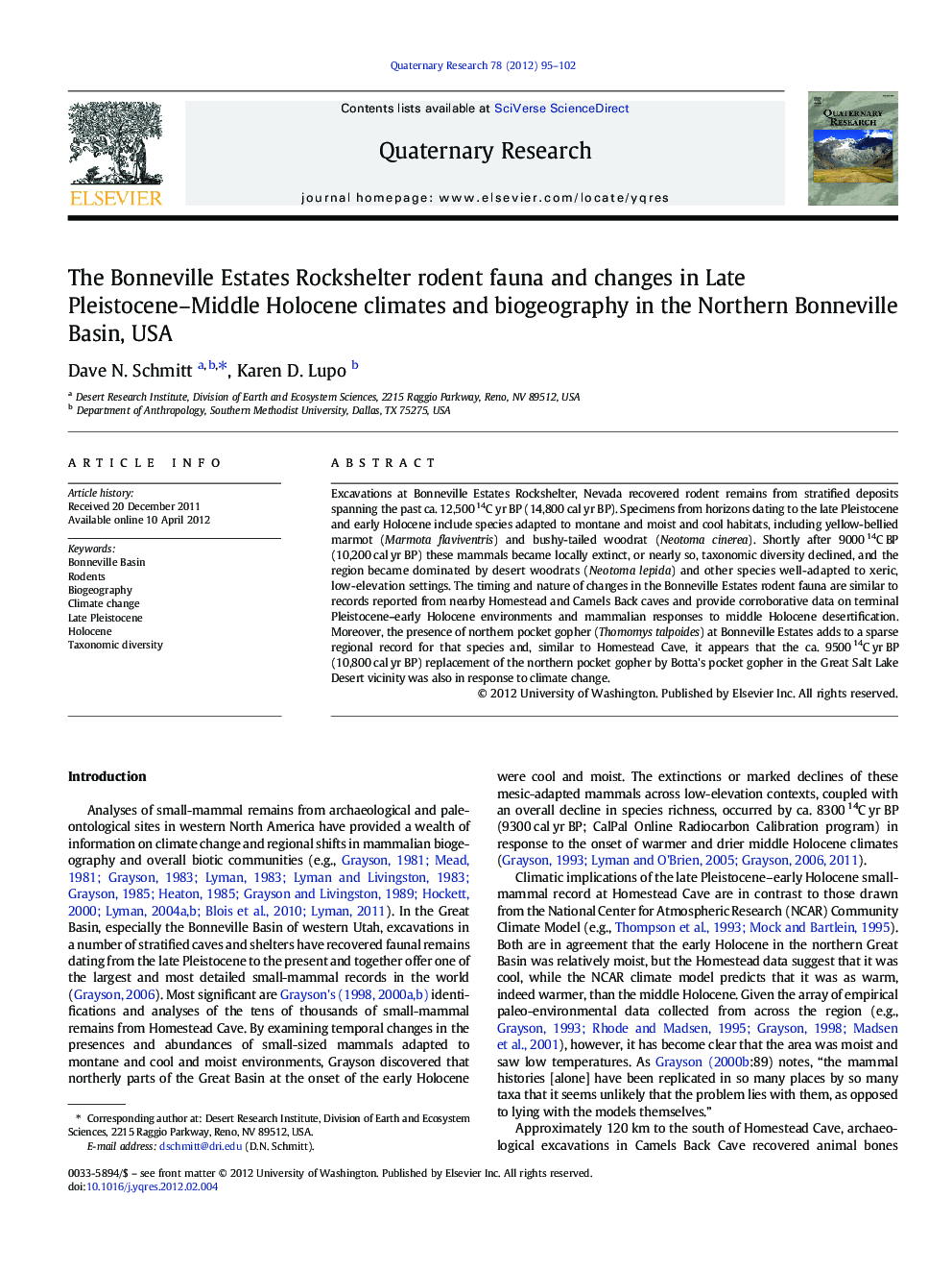 The Bonneville Estates Rockshelter rodent fauna and changes in Late Pleistocene–Middle Holocene climates and biogeography in the Northern Bonneville Basin, USA