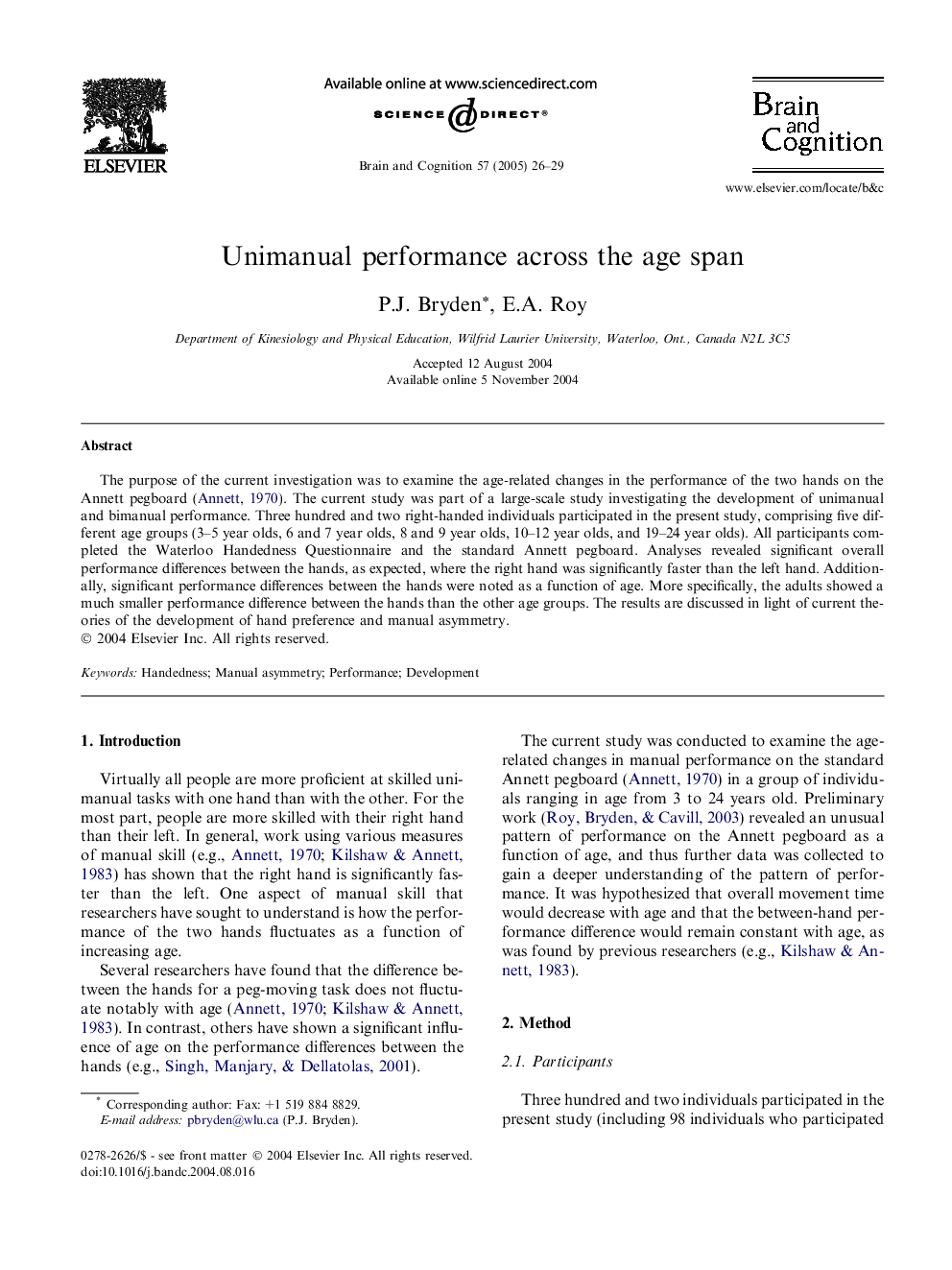 Unimanual performance across the age span