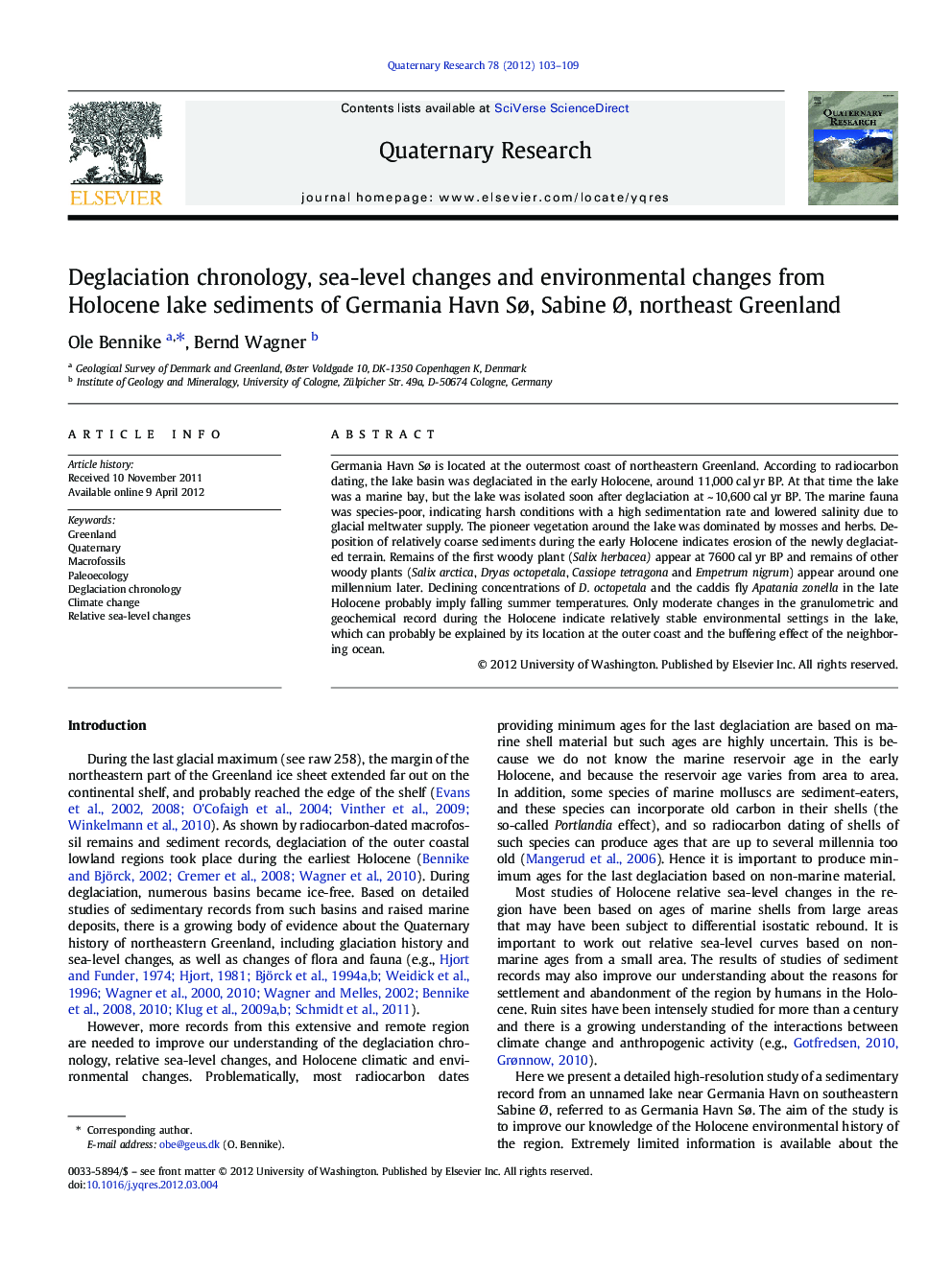 Deglaciation chronology, sea-level changes and environmental changes from Holocene lake sediments of Germania Havn Sø, Sabine Ø, northeast Greenland