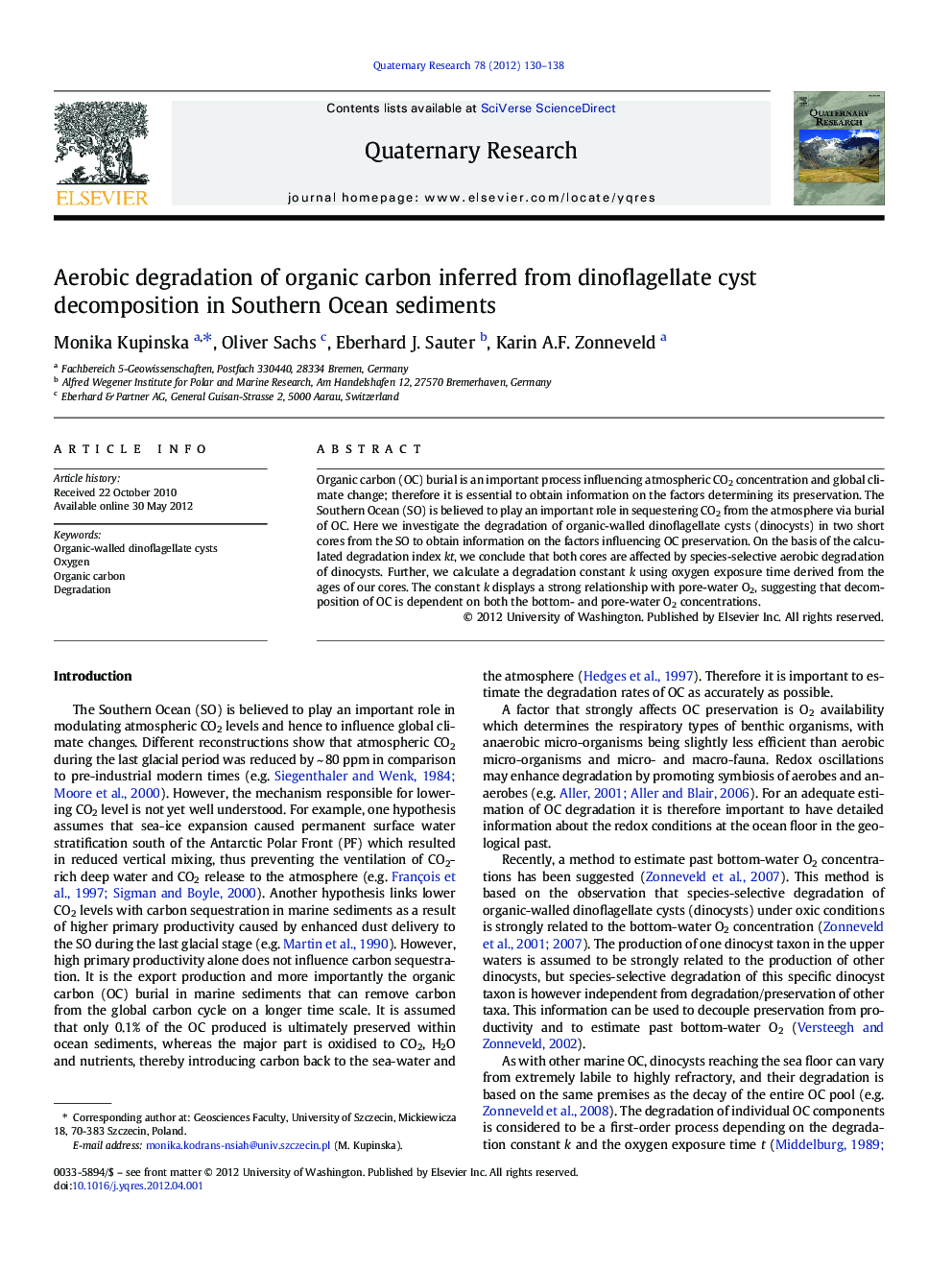 Aerobic degradation of organic carbon inferred from dinoflagellate cyst decomposition in Southern Ocean sediments