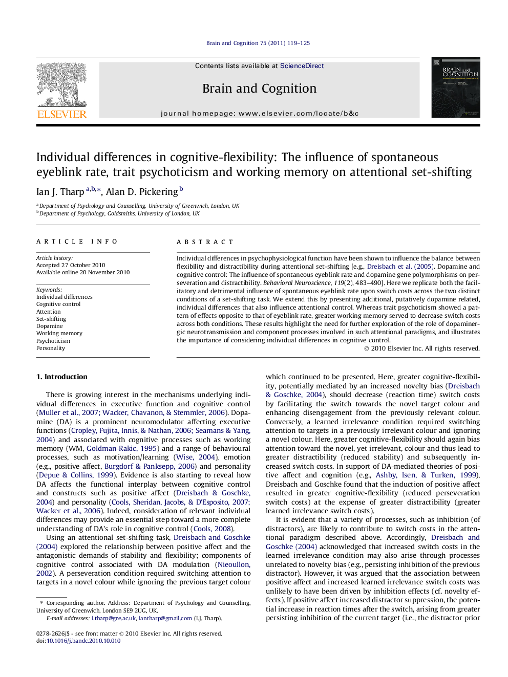 Individual differences in cognitive-flexibility: The influence of spontaneous eyeblink rate, trait psychoticism and working memory on attentional set-shifting