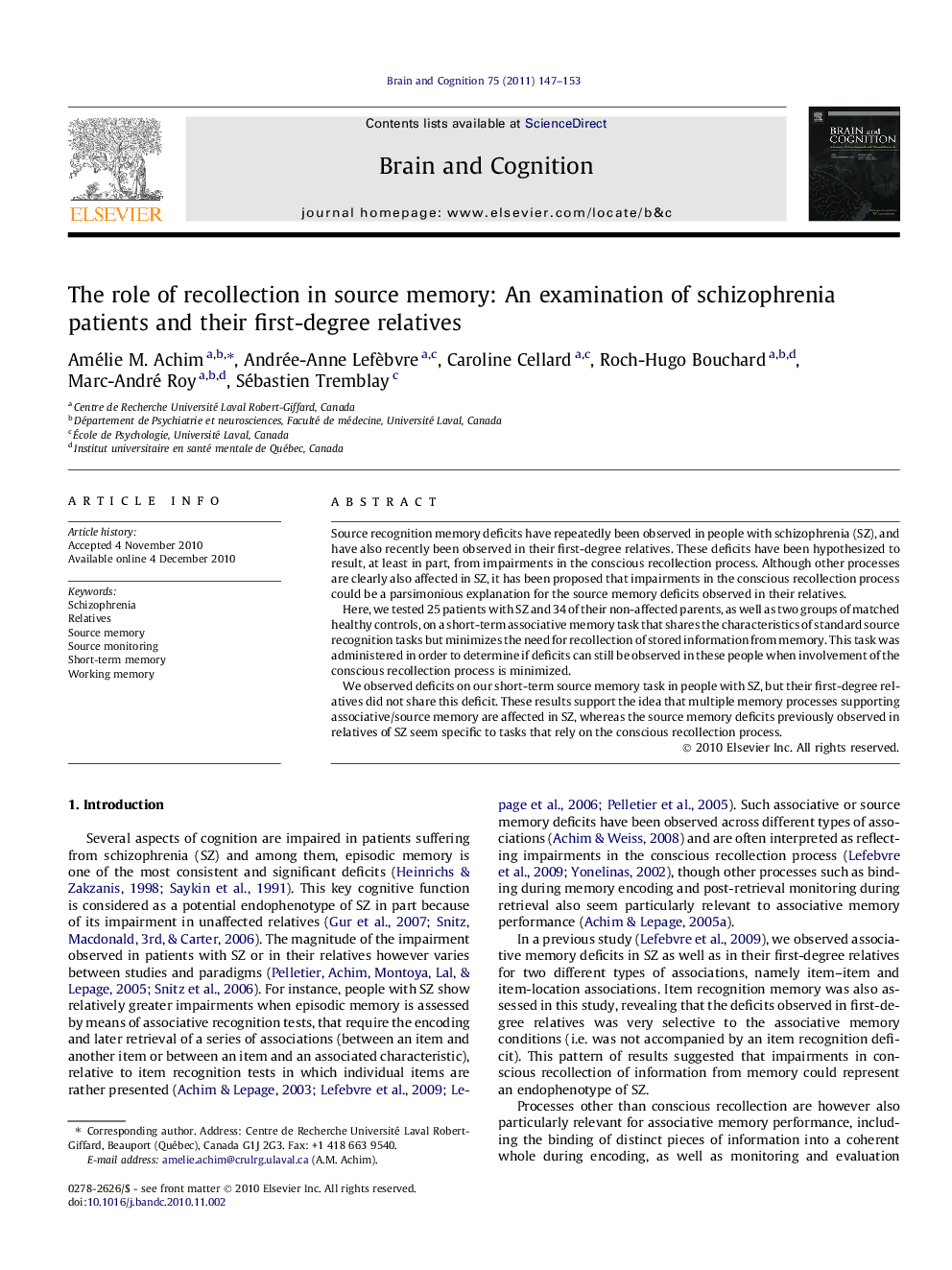 The role of recollection in source memory: An examination of schizophrenia patients and their first-degree relatives