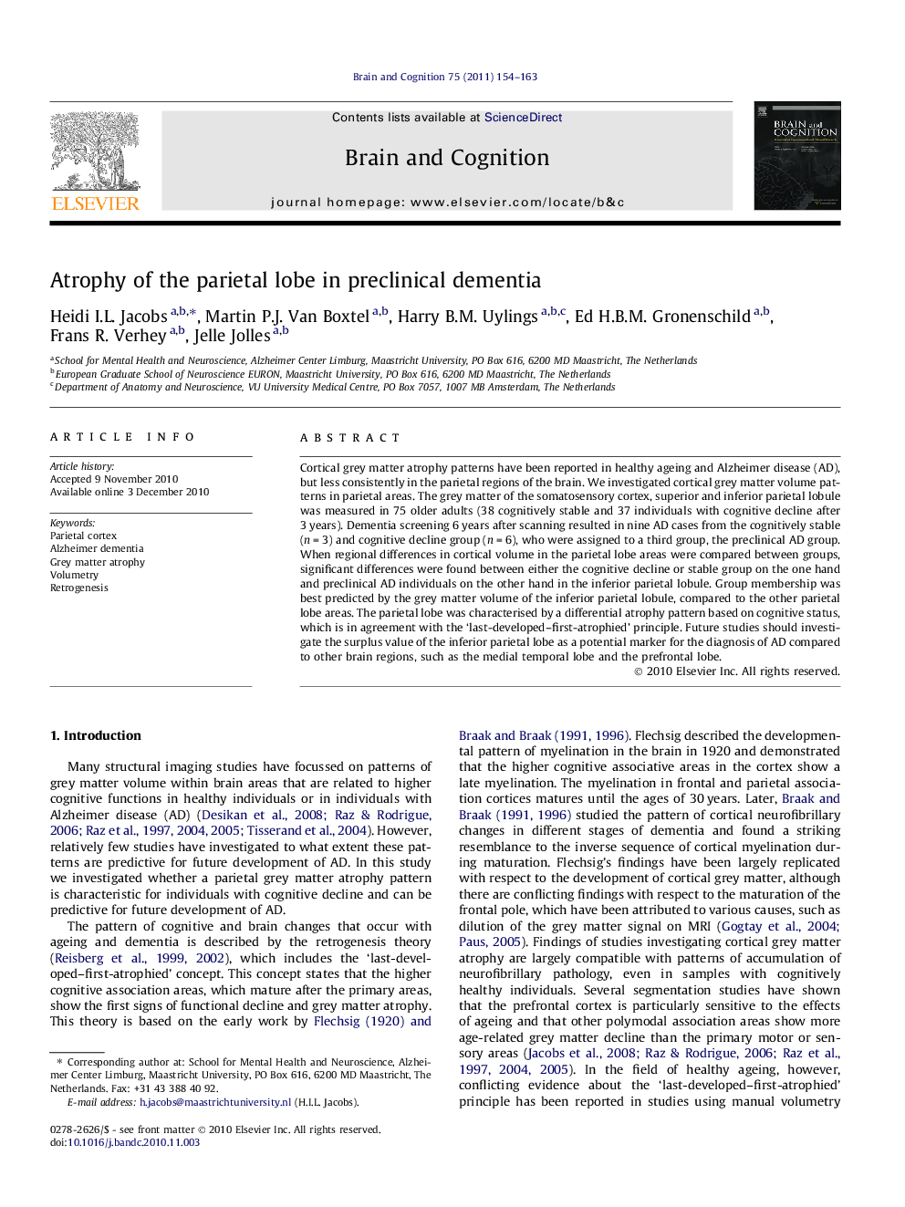 Atrophy of the parietal lobe in preclinical dementia