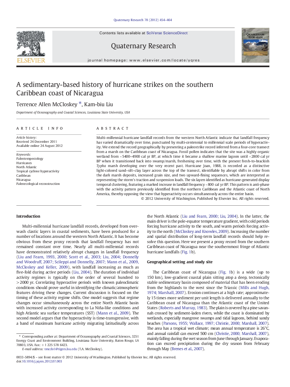 A sedimentary-based history of hurricane strikes on the southern Caribbean coast of Nicaragua