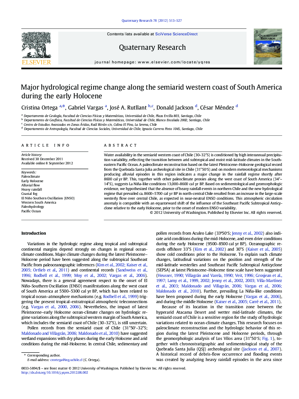 Major hydrological regime change along the semiarid western coast of South America during the early Holocene