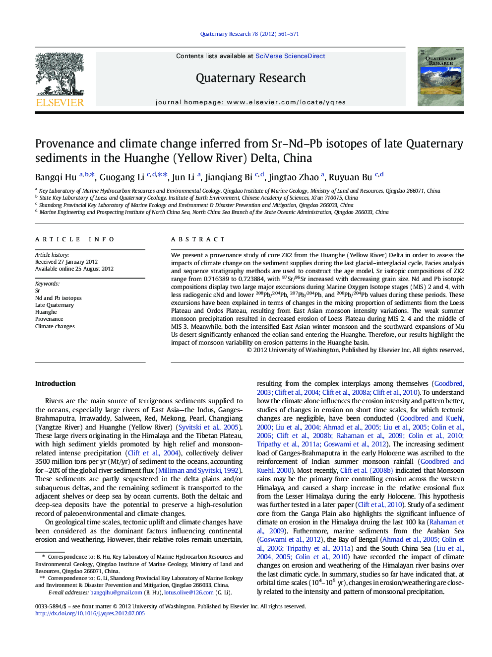 Provenance and climate change inferred from Sr–Nd–Pb isotopes of late Quaternary sediments in the Huanghe (Yellow River) Delta, China