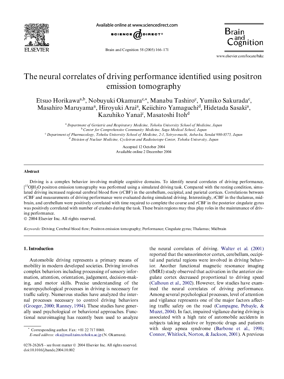 The neural correlates of driving performance identified using positron emission tomography