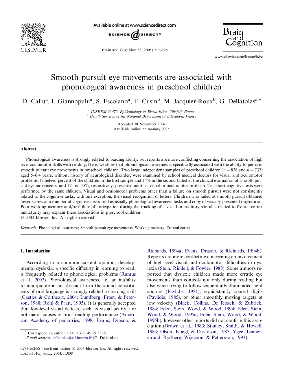 Smooth pursuit eye movements are associated with phonological awareness in preschool children