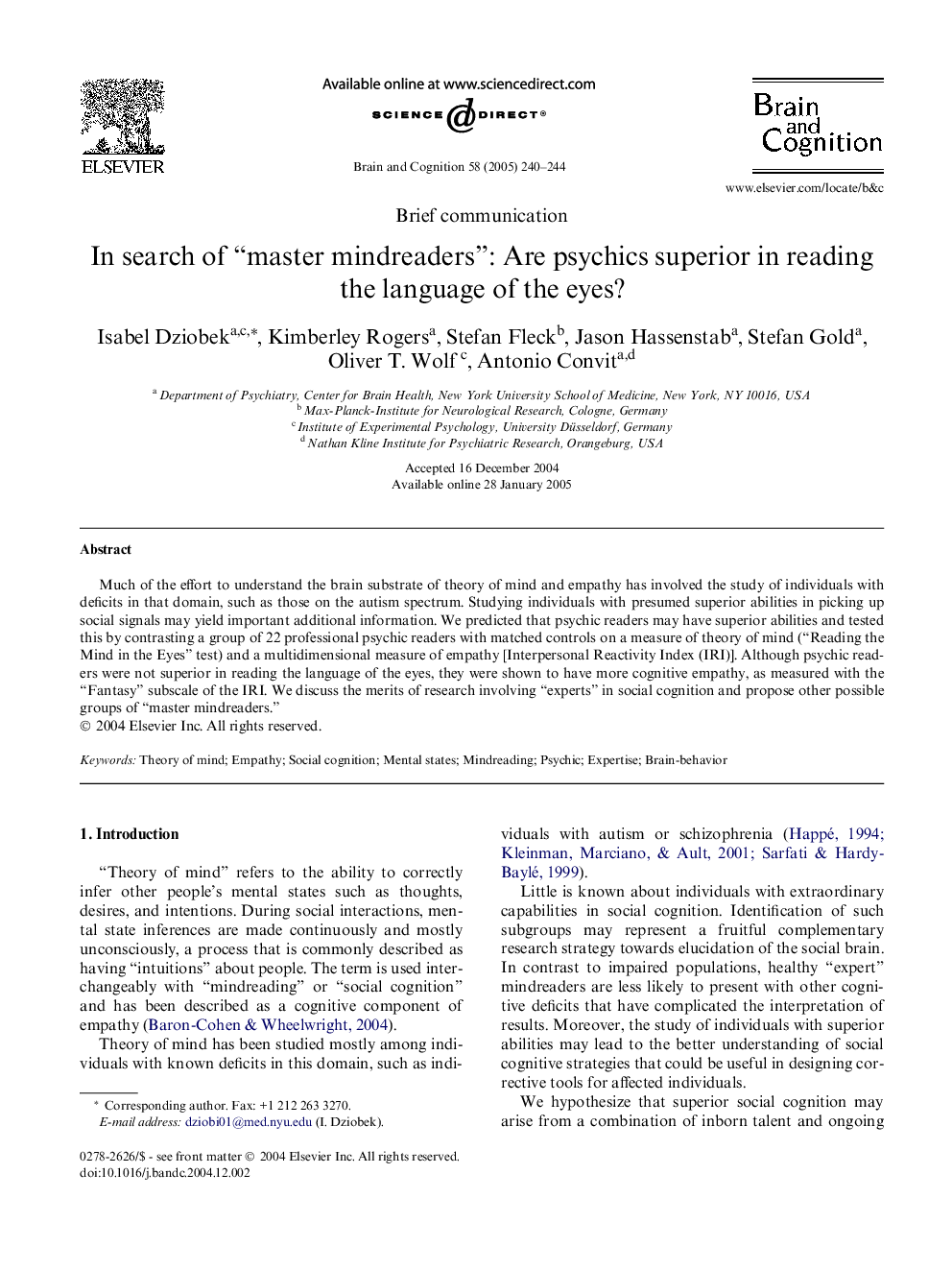 In search of “master mindreaders”: Are psychics superior in reading the language of the eyes?