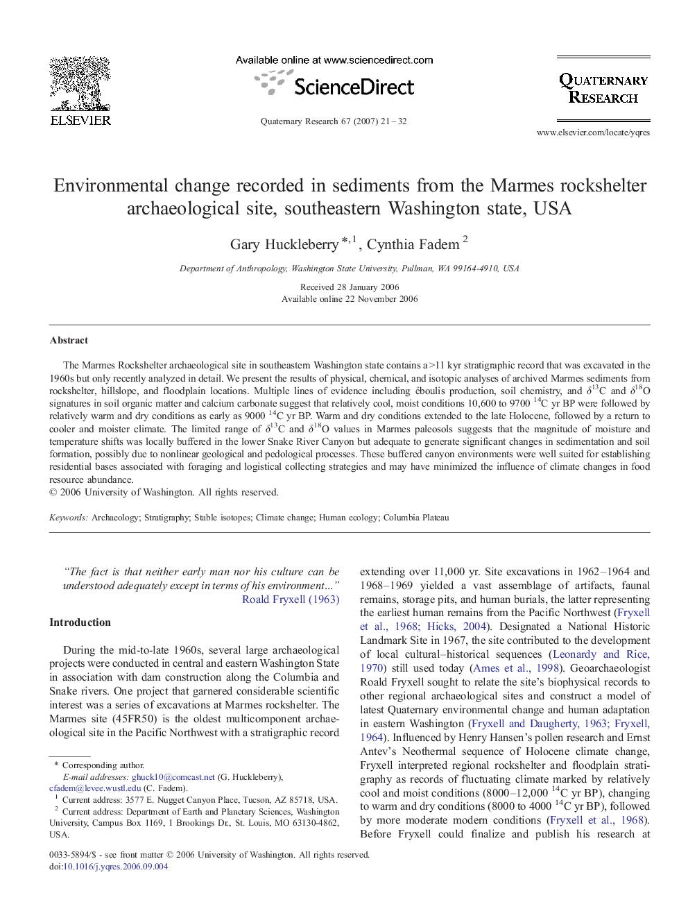 Environmental change recorded in sediments from the Marmes rockshelter archaeological site, southeastern Washington state, USA