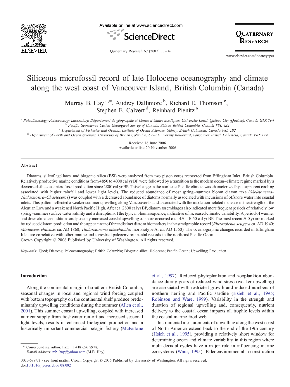 Siliceous microfossil record of late Holocene oceanography and climate along the west coast of Vancouver Island, British Columbia (Canada)