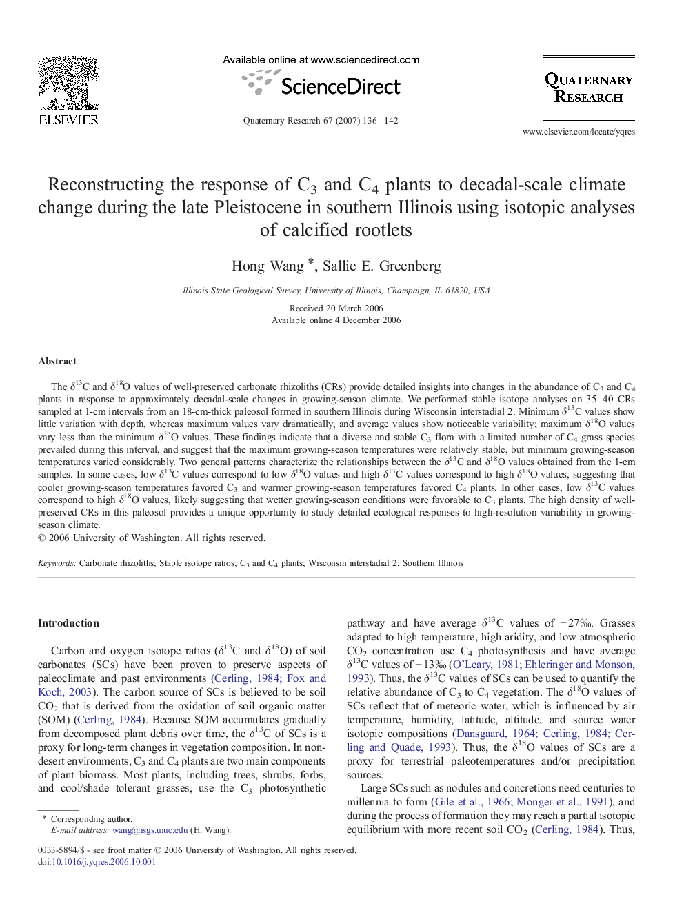 عکس صفحه اول مقاله: Reconstructing the response of C3 and C4 plants to decadal-scale climate change during the late Pleistocene in southern Illinois using isotopic analyses of calcified rootlets Reconstructing the response of C3 and C4 plants to decadal-scale climate change during the late Pleistocene in southern Illinois using isotopic analyses of calcified rootlets