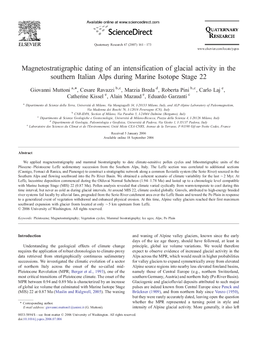 Magnetostratigraphic dating of an intensification of glacial activity in the southern Italian Alps during Marine Isotope Stage 22