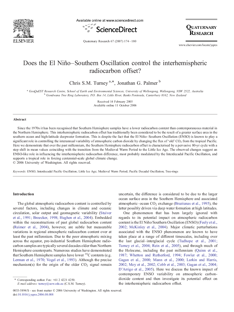 Does the El Niño–Southern Oscillation control the interhemispheric radiocarbon offset?