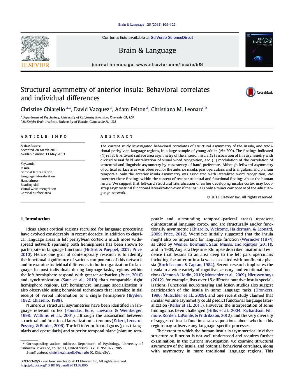 Structural asymmetry of anterior insula: Behavioral correlates and individual differences